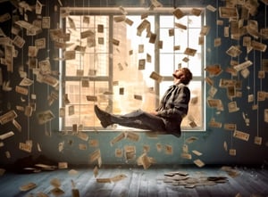Man in room flying money AI generated